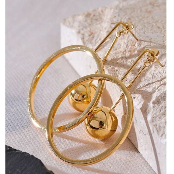 Golden Round Hollow Ball Bead Drop Earrings - Picture 1 of 2